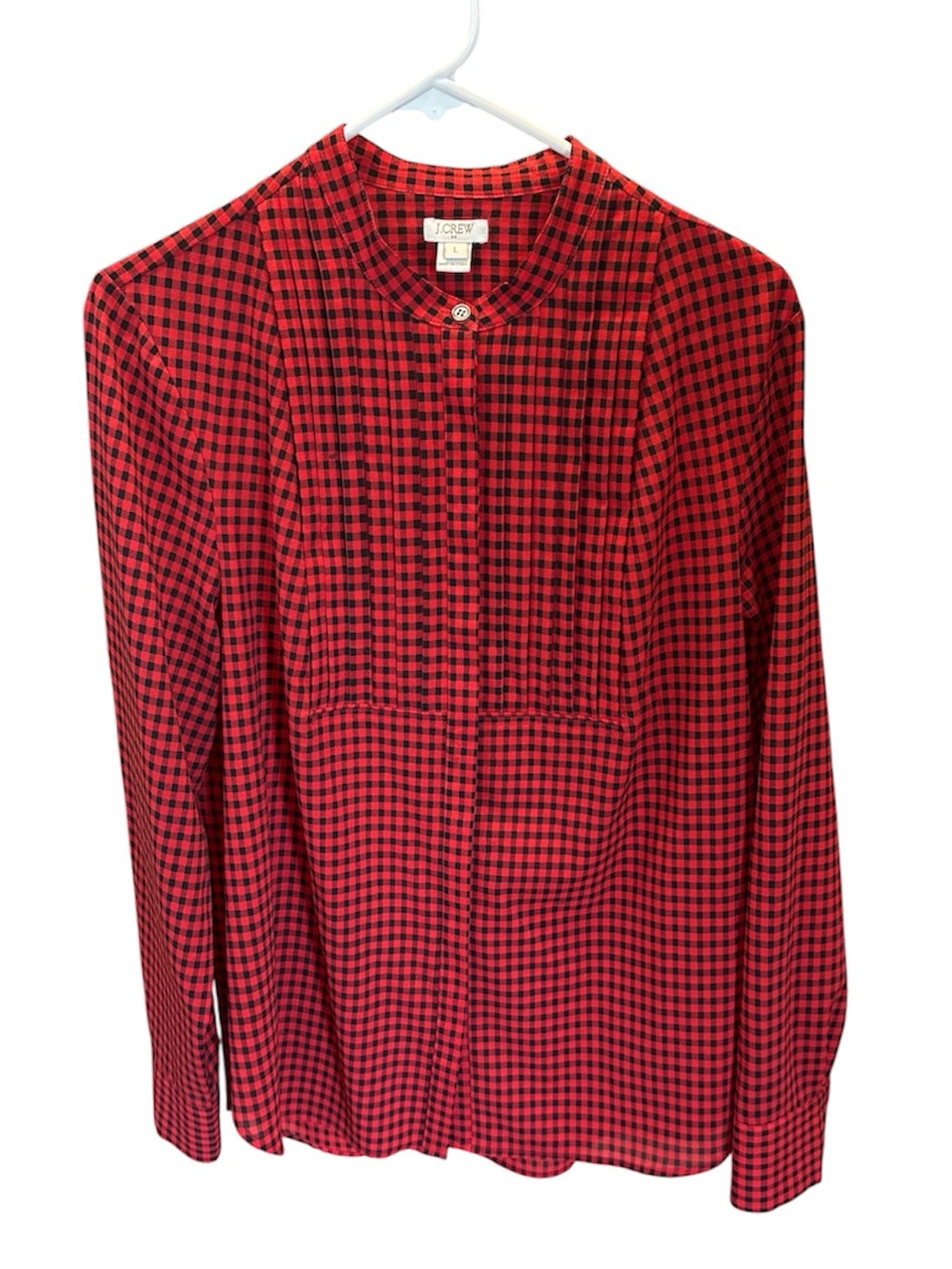 J.Crew L Red Black Gingham Plaid Drapey Tuxedo Blouse E5598